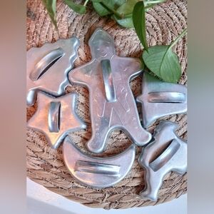 6 Vintage Cookie Cutters Aluminum Police Santa Bell Tree Star Moon EUC Clean
